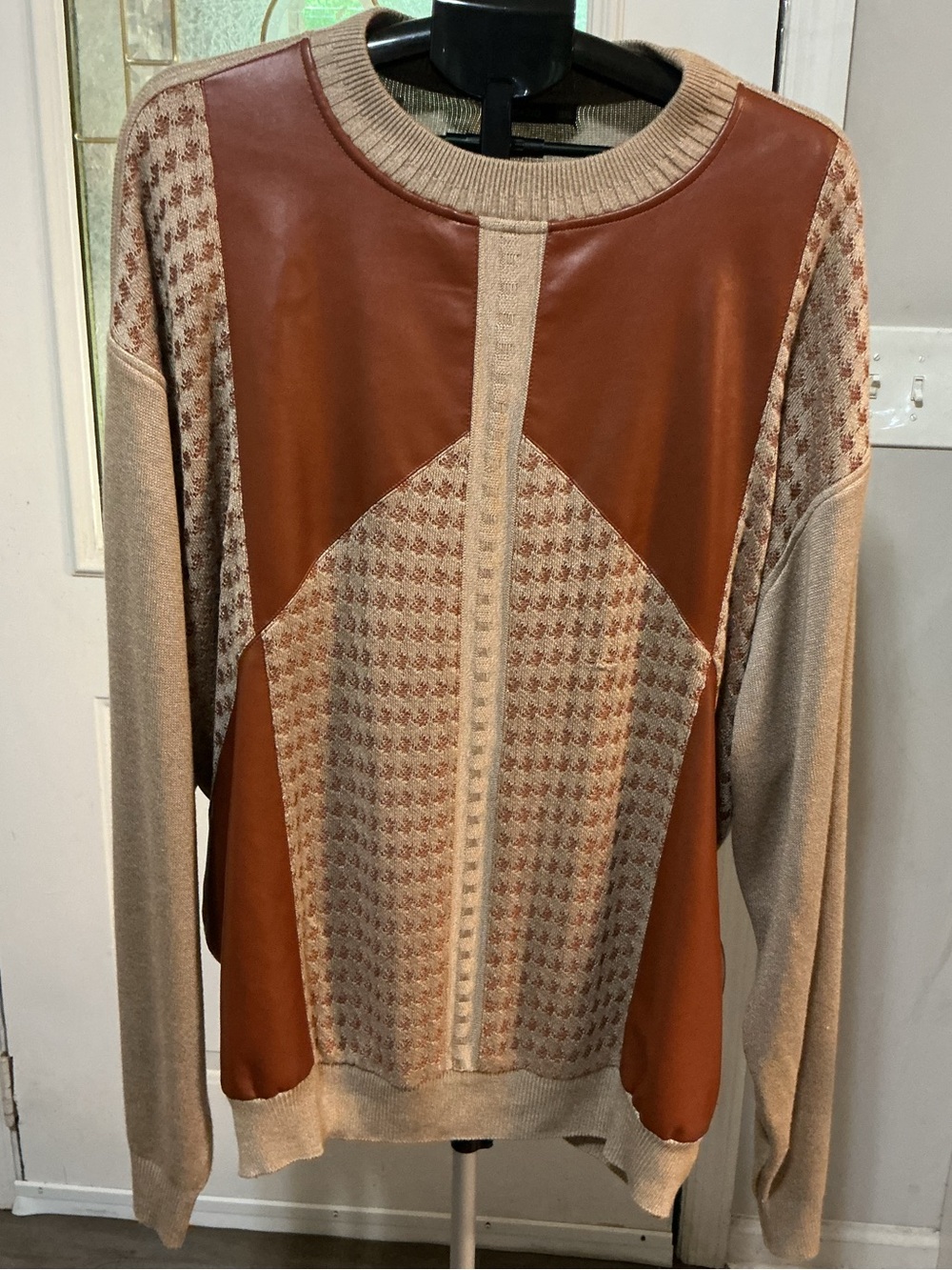 Men's Beige and Rust Patchwork Knit Sweater